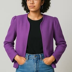 Vintage Purple Open Front Blazer Jacket Women’s Puff Shoulder Pockets Size M